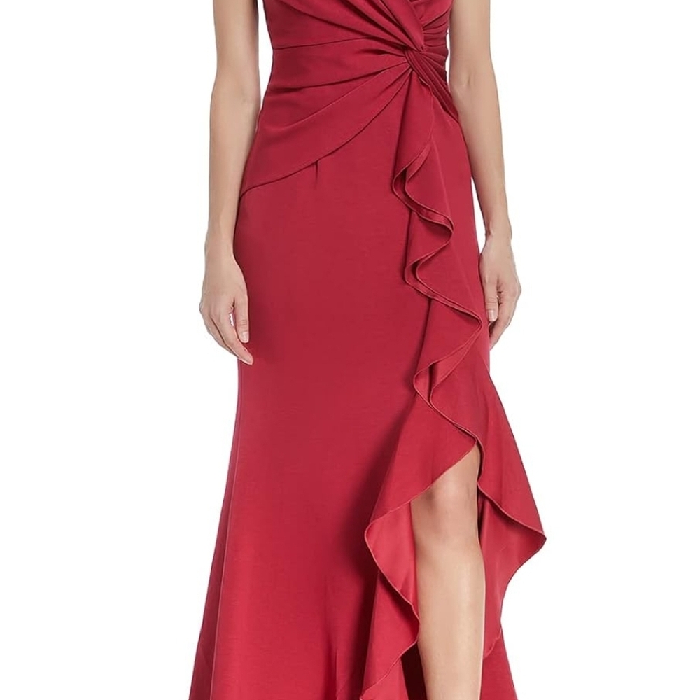 Red Asymmetrical Ruffled Gown with Sweetheart Neckline for Cocktail
